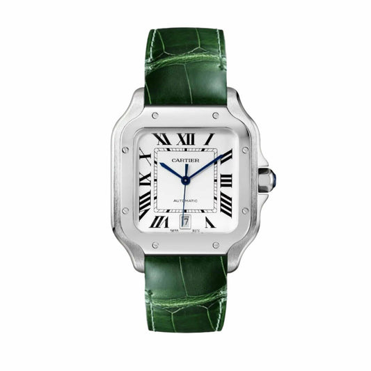 CARTIER SANTOS - LEATHER GREEN - FRAME SILVER - WHITE DIAL - MQ