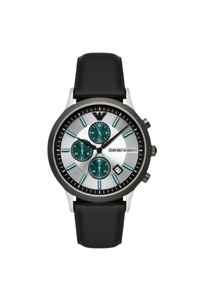 ARMANI LEATHER BLACK - SILVER X GREEN DIAL- CRONOGRAPH